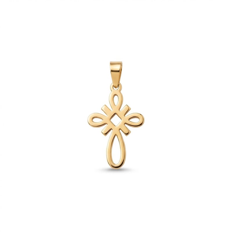 A small gold-tone cross pendant (chain not included), crafted from rust-resistant stainless steel, featuring a sleek, openwork knot design. A distinctive, modern, and spiritual piece. - Image 1